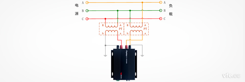 DT122數(shù)字變送器與兩個單相電壓互感器測量三相電壓接線圖