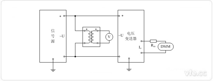 電流輸出型電壓變送器(電壓互感器擴(kuò)展標(biāo)準(zhǔn)表量程) 電壓校準(zhǔn)接線圖